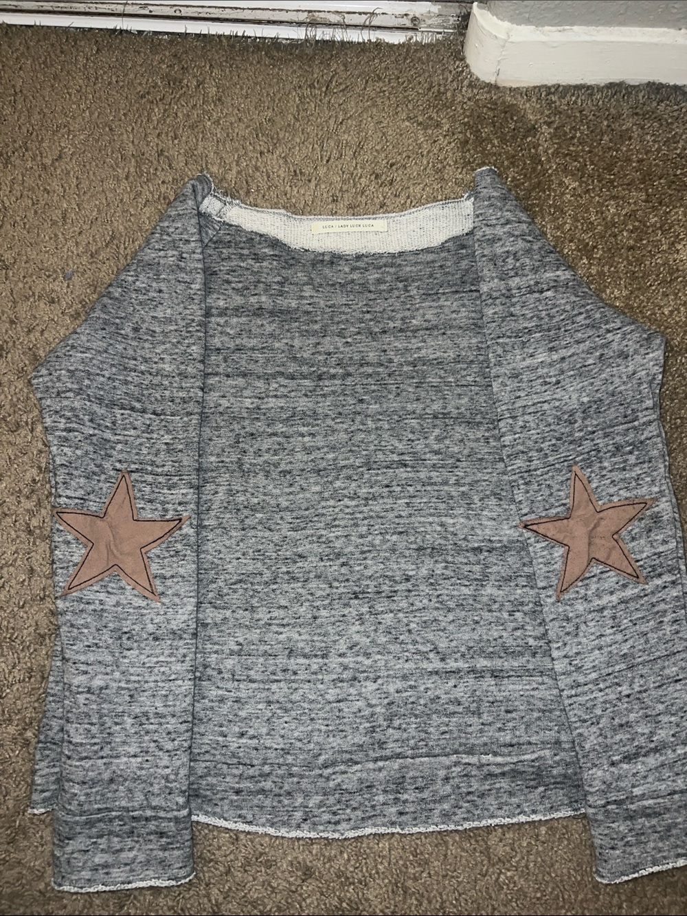 Luca/Lady Luck Luca Grey Crewneck Sweatshirt with Tan Star Elbow Patches